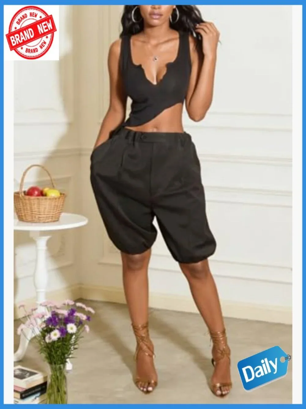 Lantern Balloon Baggy Wide Leg Bermuda Shorts Elastic Waist High Rise Summer